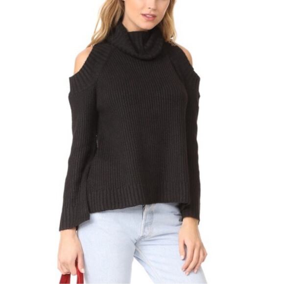 J.O.A. Black Chunky Ribbed Cold Shoulder Long Sleeve Turtleneck Sweater Women’s - Picture 1 of 9